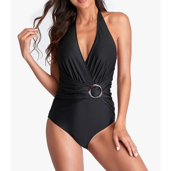 Women's Black Swimsuit Small Deep V-Neck Halter Backless Ruching One Piece - Picture 1 of 6